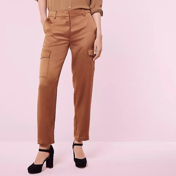 LOFT Pants - LOFT High Waisted Silky Pumpernickel Satin Cropped Dressy Cargo Pants